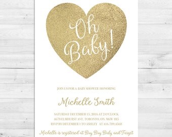 Baby Shower Invitation, Gender Neutral, Baby Shower Invitation Girl, Baby Shower Invitation Boy, Gold, White, Heart, Oh Baby