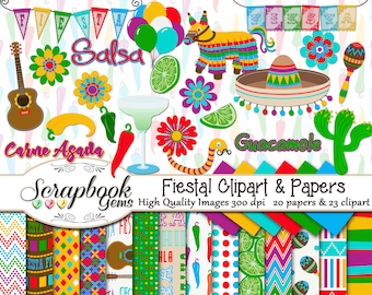 FIESTA! Clipart & Papers Kit, 23 png Clip arts, 20 jpeg Papers Instant Download party mexico mexican maracas pinata jalapeno chile salsa