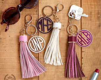 Large Leather Monogram Keychain Tassel, Personalized Key Chain, Initial Keychain, Key Fob