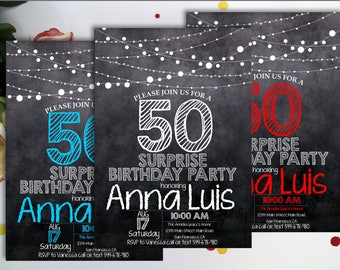 Surprise 50th birthday invitation, Chalkboard black, white, blue, red, purple, glitter, any color, Adult birthday, String Lights, digital