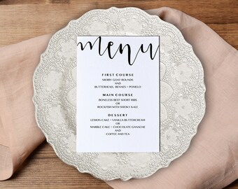 Wedding Menu Template, Printable Wedding Menu, Calligraphy Wedding Menu, Hand Script, Instant Download, Adobe PDF, Modern, PPS08