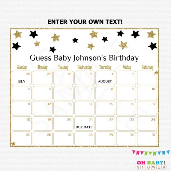 Black and Gold Baby Due Date Calendar Baby Shower Game Guess