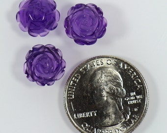 2 Pieces Amethyst Carved Beads, 12 mm Flower Shape Beads, Carved Rose, Purple Half Hole Stones, Ideal for earrings