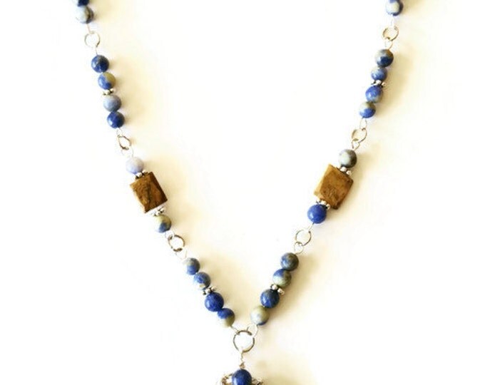 Sterling Silver Wire Wrapped Desert Jasper Pendant with Sodalite and Picture Jasper Beads