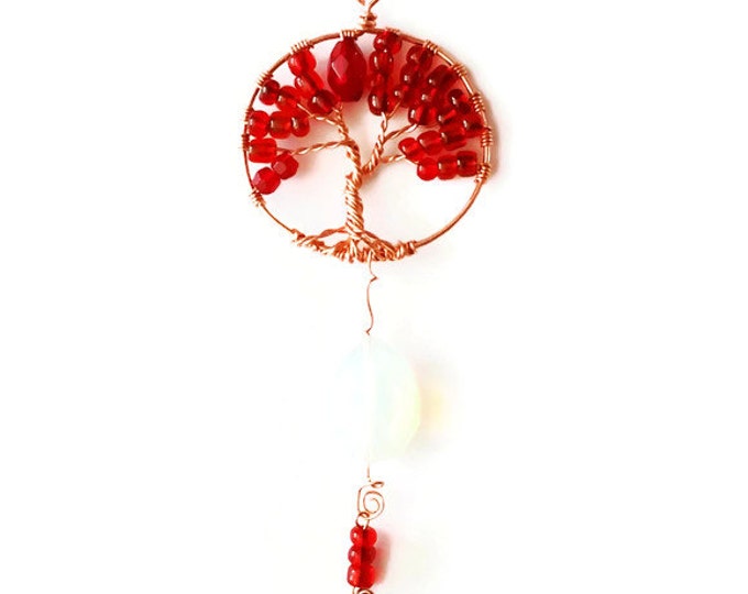 Copper and Red Beaded Tree of Life Mini Suncatcher, Tree of Life Wall Art