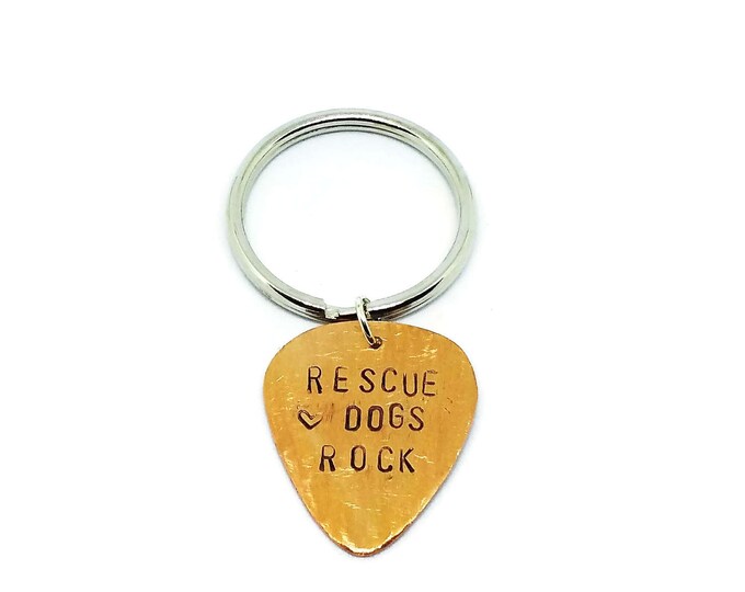 Copper Guitar Pick Hand Stamped Key Chain, Rescue Dogs Rock Key Chain, Dog Lover Key Chain, Copper Keychain, Guitar Pick Key Chain