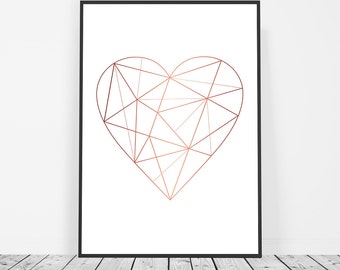 Rose Gold Decor, Rose Gold Wall Art, Geometric Poster, Geometric Heart Art, Valentines Gift, Faux Rose Gold Foil Rose Gold Art Print Affiche