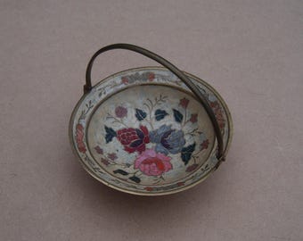 Brass Bowl/Dish - Painted Floral Design- Vintage Brass