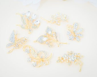 12 PC Nature Inspired Gold Brooch - Mixed Rhinestone Butterfly Flower Brooches - Decorative Gold Metal Rhinestone Brooch Pins (Medium)