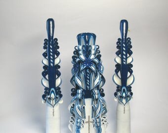 Wedding set Carved candles Wedding ceremony Blue white Candles of unity Wedding Gift for bride candles Handmade Gold Silver Wedding
