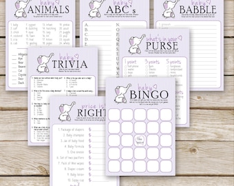Purple Elephant Baby Shower Games Package - SEVEN printable Girl Baby Shower Games: Bingo, Price is Right, Purse Game - Instant Download