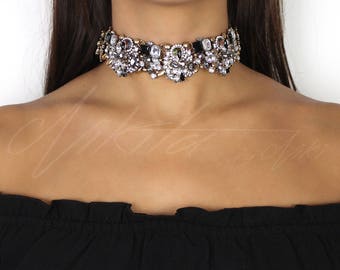 Black & Gold Rhinestone Choker Necklace
