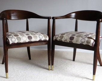 Brass Tipped Mid-Century Chair Pair - Walnut Frame, Splayed Legs