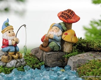Fairy Garden Gnome, miniature garden sleeping gnome, fishing gnome, fairy garden miniatures accessories, mini supply, gnome garden decor