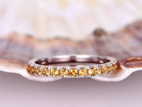 Citrine wedding band solid 14k white gold,half eternity ring,engagement ring,stacking matching band