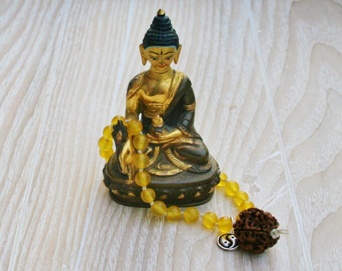 Yellow Jade Mala, 27 + 1 Mala, Japa Mala, Small Hand Mala, Mala, Guru Bead Rudraksh Mala, Recitation, Yoga Gift, Yin Yang Sterling Sil. Charm
