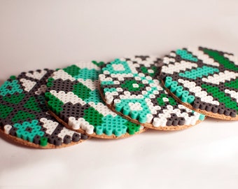 Geometric Teal and Green Coaster Set of 4 Original Designs Cork