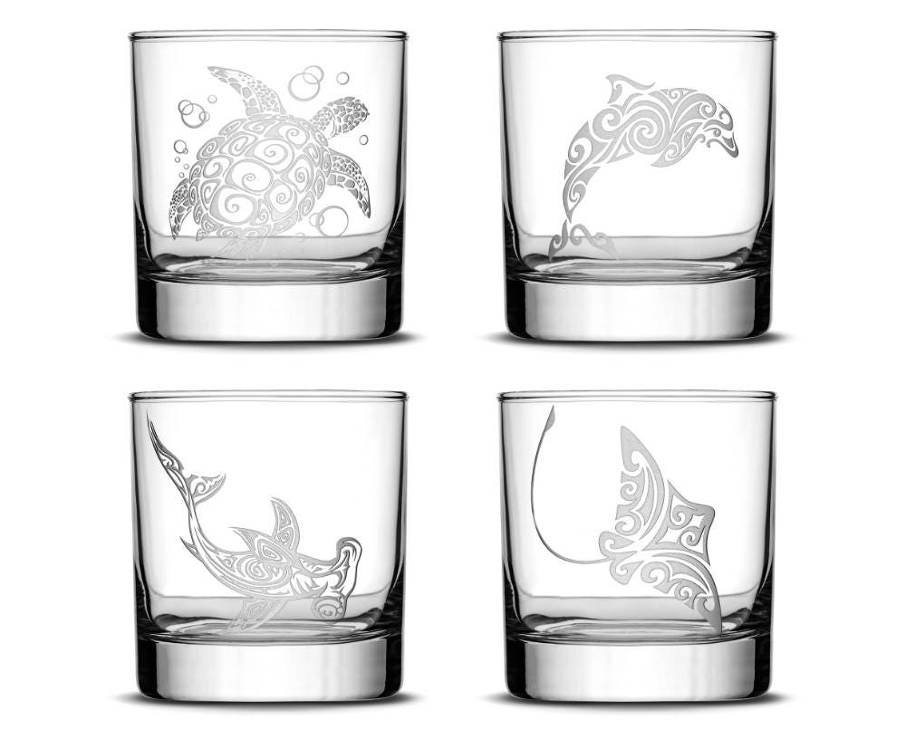 Set of 4, Etched Whiskey Glasses, 10oz Old Fashioned Rocks Glass, Tribal Sea Turtle, Dolphin, Hammerhead Shark, and Stingray