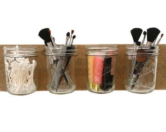 Reclaimed Wood Mason Jar Organizer - makeup organizer bathroom organization bathroom decor bathroom wall decor mason jar wall decor holder