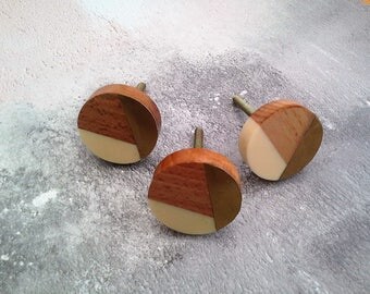 Mixed Media Knob Golden Brass Wood and Cream Resin Drawer Knob Pull Cupboard Handle