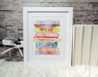 Jane Austen Literary Quote Wall Art Print, Pride and Prejudice, Literary Gifts, Watercolour Books Art Print, Bookworm for Her, Library