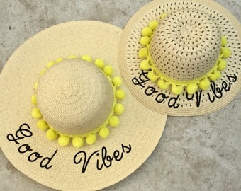 Floppy beach hat set embroidered - good vibes only- girls hat - set of two paper straw hats - mom and daughter - mommy and me - matching set