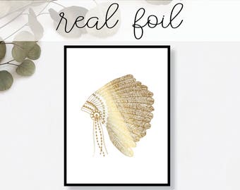 Indian Headdress Print // Real Gold Foil // Minimal // Gold Foil Art // Home Decor // Modern Office // Typography // Fashion