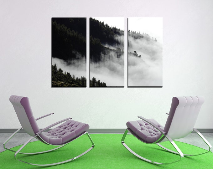 Large foggy forest wall art canvas print, cloud forest print, mist forest wall art, mountain cloud print, mountains in fog, fine art