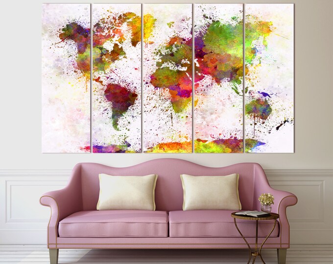 Large Colorful Watercolor World Map Canvas Print, Modern world map, colorful / 1 - 5 Panels on Canvas Wall Art for Home & Office Decoration