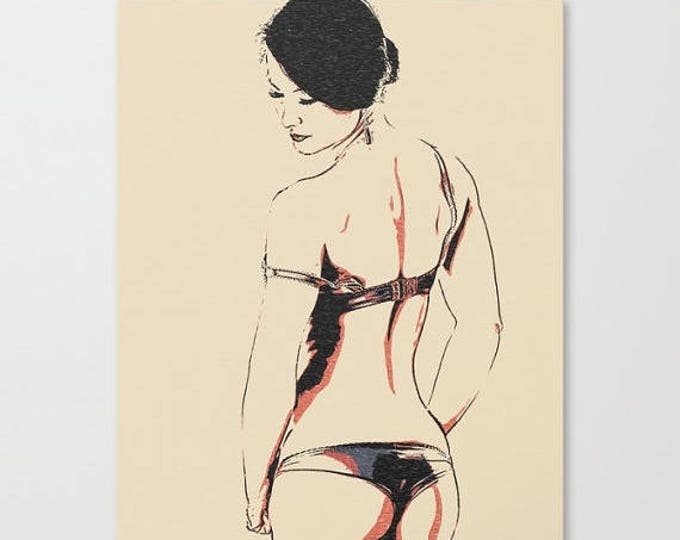 Erotic Art Canvas Print - Posing Sexy, unique conte style drawing, perfect shapes brunette girl in lingerie, sensual high qua...