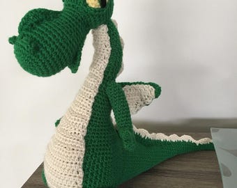 Large handmade crochet green dragon plush toy figure