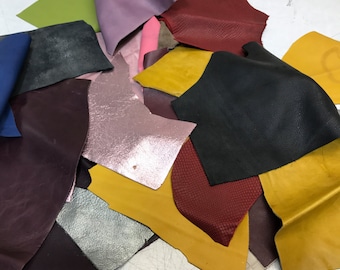 LARGE PACK of Full Grain Leather SCRAPS and Trimmings: 3 lbs of scrap include fashion colors, embossings and metallics!