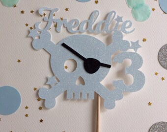 Personalised Skull and cross bone - pirate glitter card birthday cake topper.