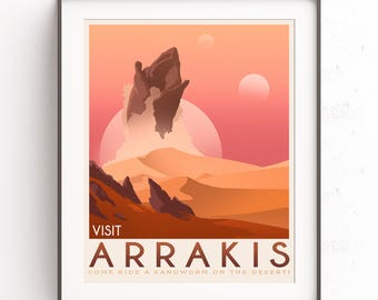Arrakis Dune. Frank Herbert. Retro travel poster. Science fiction book. Cult classic. Spice space. Fantasy geek art. . Sandworm gift