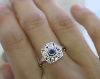 18K solid gold sapphire and diamond art deco ring