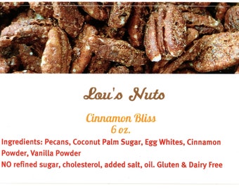 Lou's Nuts Cinnamon Bliss * Healthy Candied Cinnamon Pecan Nuts * Gluten Free * No Refined Sugar *  No Added Salt * Baked Goods