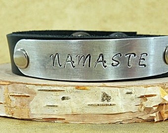 Namaste Black Leather Cuff Bracelet - Leather Wrap Bracelet - Bohemian Wrap Bracelet - Leather Strap Bracelet - Leather Jewelry - Silver