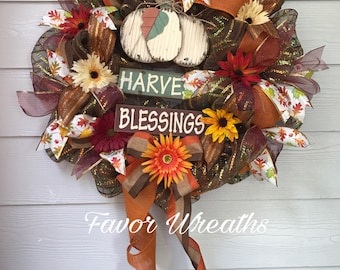 ON SALE, Harvest Blessings, Fall Wreath, Deco Mesh Wreath, Pumpkin, Autumn Wreath, Gift for her, Gift for Mom, Fall Deco Mesh Wreath, Sale