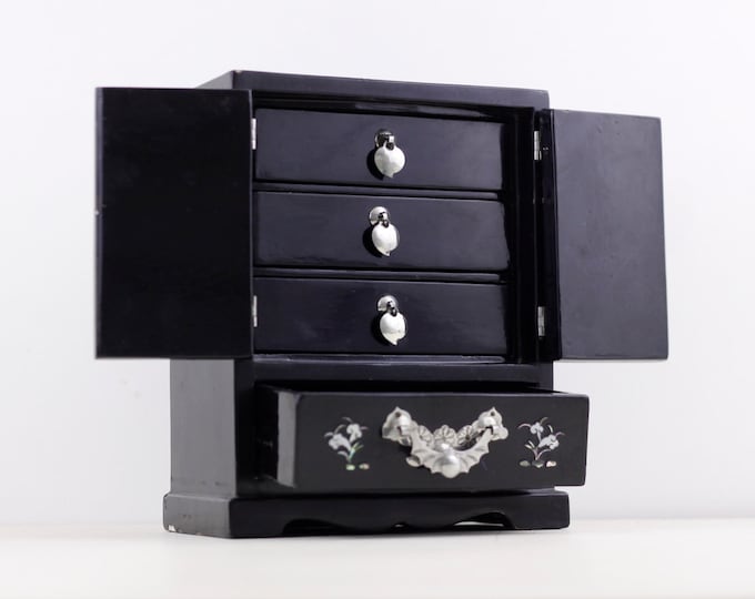 Chinese jewellery cabinet, inlaid mother of pearl black miniature dollhouse wardrobe, dressing table jewelry box, trinket box with drawers