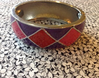 Vintage Enamel Bracelet, Silver Toned, Hinged