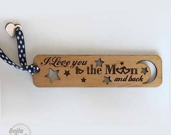 I love you to the moon and back bookmark- laser cut and engraved natural alder wood bookmark