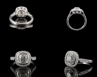 Art Deco 1940s Engagement Ring 18ct White Gold 2.30ct Old Mine Cut Diamond SI1 28 Bezel Set Brilliant Cut Diamonds 8 more inset in Shoulders