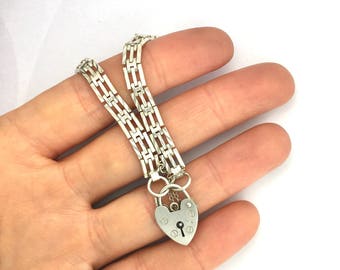 Vintage Sterling Silver Gate Bracelet with Heart Padlock