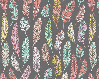 New! Feathers Grey/Coral Anti-Pill Fleece Fabric fabric by the yard/David Textiles/Free shipping available