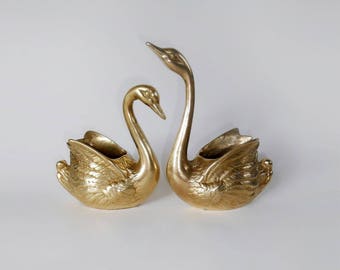 Vintage swans, brass swan planters, brass swan figurine, swan figurine, swan statuette, mid century swan, retro decor, vintage swan figurine