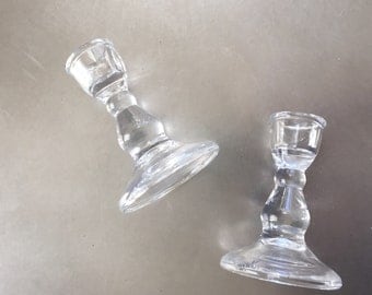 Pair of Clear Glass Candlestick Holders