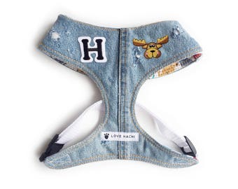 Vintage Varsity Moose Blue Denim Dog Harness