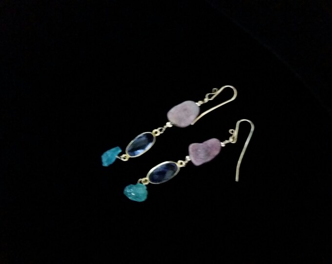 These Earrings are Raw Ruby, Iolite, and Raw Apatite with 14 K GF Wire