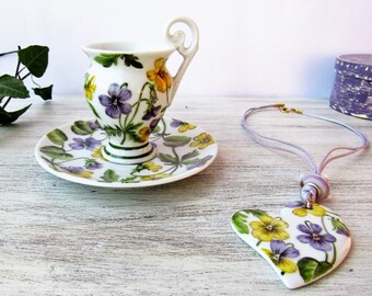 Violets hand painted espresso cup and porcelain necklace, coffee cup and matching pendant, bijoux and combined cup, violets lilac decor