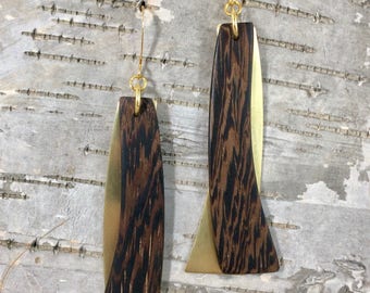 Wenge and Brass Modern Drop Earrings. Exotic Wood Earrings. Gifts for Her.
